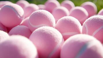 Pink tennis balls are scattered on the grass photo