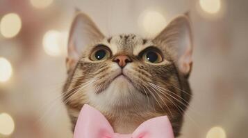 A cat wearing a pink bow tie photo