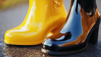 A pair of yellow and black rain boots photo