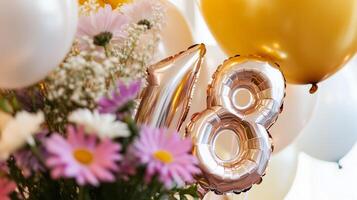A bouquet of flowers and balloons with the number 18 photo