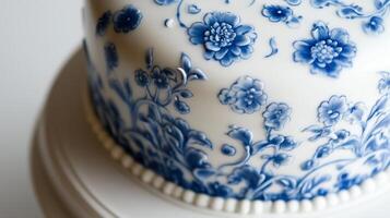 A blue and white cake with a floral design photo