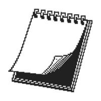 pixel art spiral notebook icon black and white notepad, grid edge design, digital retro illustration vector