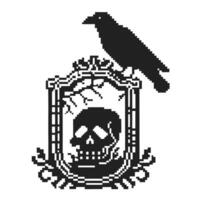 Pixel art skull in vintage frame with perched crow, gothic and eerie elements vector