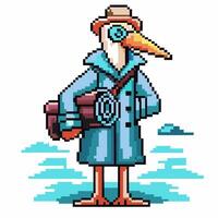 Pixel art stork detective in trench coat and hat, holding a rolled map with clouds vector