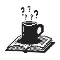 Pixel art coffee cup with question marks retro book opens ideas, learning, curiosity concept vector