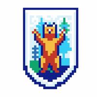 Pixel bear emblem retro digital art with blue tree background, wilderness, nature vector