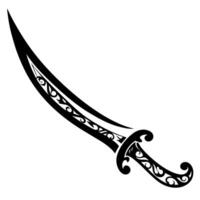 Decorative curved sword silhouette with intricate patterns on blade and hilt vector