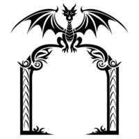 Ornate dragon perched on decorative gothic arch, black and white vector