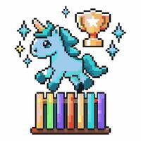Pixel art unicorn leaping over colorful books with stars and golden trophy vector
