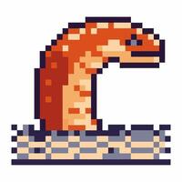 Retro pixel art sea monster, pixelated orange serpent emerging from waves, digital nostalgic gaming icon vector