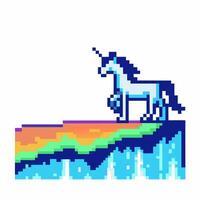 pixelated unicorn standing on vibrant pixel art platform, retro gaming digital fantasy illustration vector