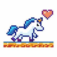 retro pixel art unicorn with heart nostalgic 8 bit fantasy creature with blue mane and colorful platform vector