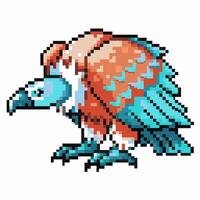 pixel art vulture retro 8 bit bird with turquoise and orange feathers, isolated on white vector
