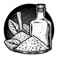 Black and white sketch of salt bottle, scoop with grains culinary seasoning, organic spice, flavoring vector