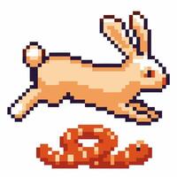 Pixel art rabbit jumping over a carrot retro digital illustration, playful gaming design vector