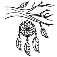 dreamcatcher hanging on branch, feathers and pattern, tribal symbol of protection and dreams vector