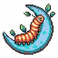 pixel art caterpillar on crescent moon colorful digital illustration with leaves, whimsical and playful nature scene vector
