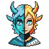 Pixel art character with dual colored face, horns symbolizes duality, yin yang balance, digital art vector