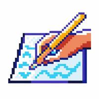 Pixel art hand drawing with pencil on notepad colorful sketching, creativity and digital illustration concept vector
