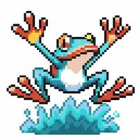 Pixel art frog jumping in vibrant splash animation retro gaming amphibian character, colorful 8 bit vector