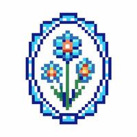 geometric floral pattern in blue and orange pixel art style, symmetrical design with digital aesthetics vector