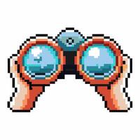 Pixel art binoculars with hands retro gaming symbol of exploration and adventure vector