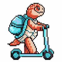 pixelated turtle on scooter with backpack retro 8 bit art cute animal transportation journey concept vector