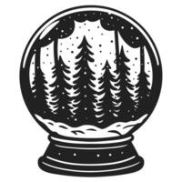 Monochrome winter snow globe with pine trees, serene forest illustration vector