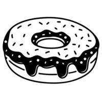 black and white donut illustration with icing simple outline drawing, sweet food, dessert sketch design vector