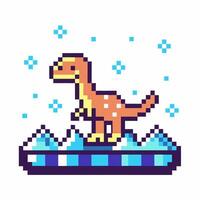 pixel art dinosaur on ice platform retro game style, digital fantasy landscape with stars vector