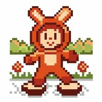 Pixel art bunny character in garden, retro game style, colorful nature background vector
