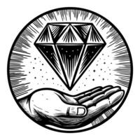 black and white illustration of a shining diamond held above an open hand, symbolizing value and protection vector