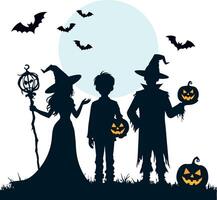 Halloween Kids Silhouettes with Pumpkin Baskets and Moon vector