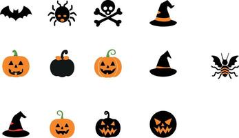 Halloween icons set with various types of pumpkins and bats vector
