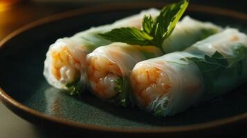 fresh and delicate platter of Vietnamese shrimp spring rolls photo