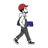 Delivery Man Walking Delivering Box Wearing Red Cap and Overalls vector