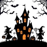 Spooky Night Halloween Scene with Haunted House and Pumpkins vector