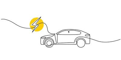 Electric car one line drawing. Continuous single outline vehicle with bolt symbol. Charging energy concept. vector