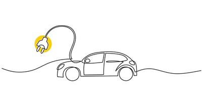Electric car one line drawing. Continuous single outline vehicle with electrical plug. Charging energy concept. vector