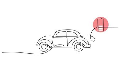 Electric car one line drawing. Continuous single outline vehicle with low battery. Charging energy concept. vector