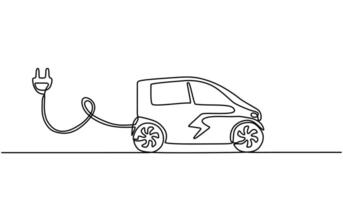 Electric car one line drawing. Continuous single outline vehicle with battery. Charging energy concept. vector