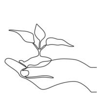 Hands Holding Plant One Line vector