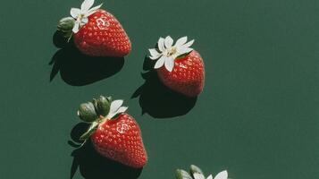 Three strawberries with daisies on a green surface photo