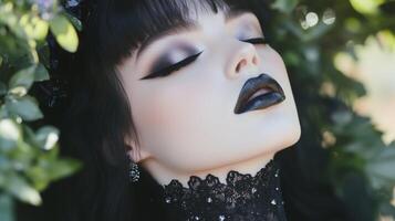 A woman with black makeup and a black lace dress photo
