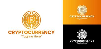 Modern Orange and Yellow Cryptocurrency Logo with Bitcoin Icon and Digital Features vector