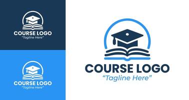 Creative Course Logo Design with Graduation Cap and Open Book in Blue and White Colors vector