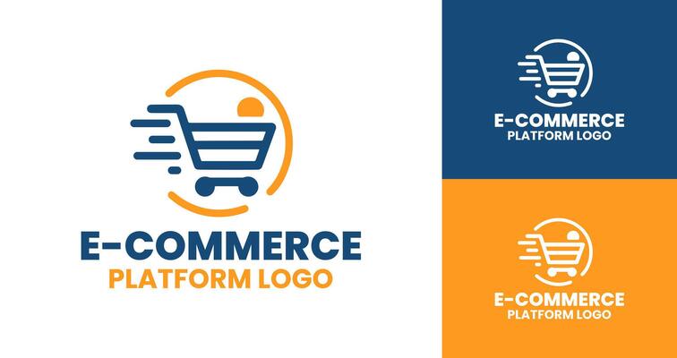Flat Style E-commerce Logo with Shopping Cart and Bag Icon