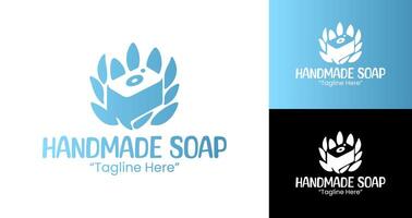 Fresh Handmade Soap Logo with Elegant Soap Bar and Blue Leaf Design vector