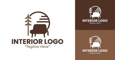 Modern Interior Design Logo with Sofa and Tree Elements in Brown and White vector