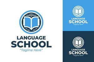 Professional Language School Logo with Open Book and Waves in Blue and White vector